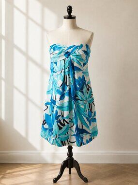 Cache Silk Floral Strapless Bubble Hem Mini Dress 6 Blue White Y2K Vintage Party